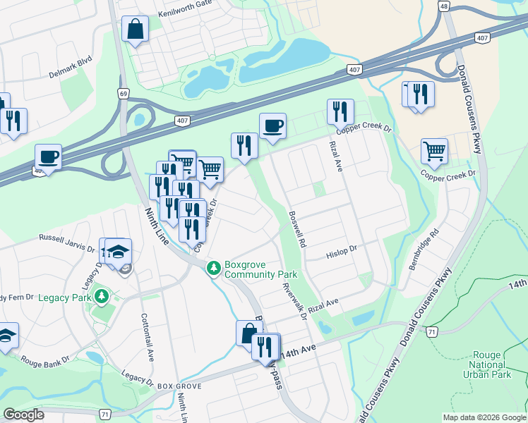 map of restaurants, bars, coffee shops, grocery stores, and more near 149 Stonechurch Crescent in Markham