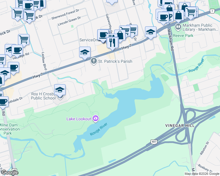 map of restaurants, bars, coffee shops, grocery stores, and more near 30 Willowgate Drive in Markham