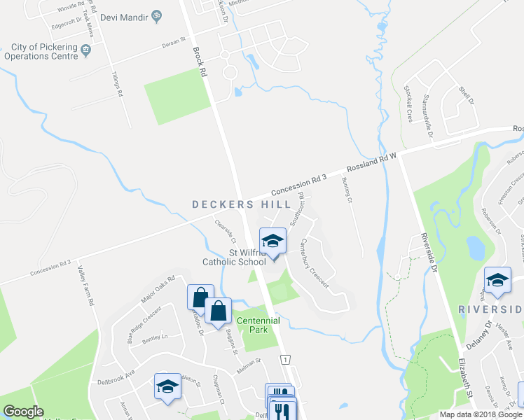 map of restaurants, bars, coffee shops, grocery stores, and more near 1712 Maple Hill Court in Pickering