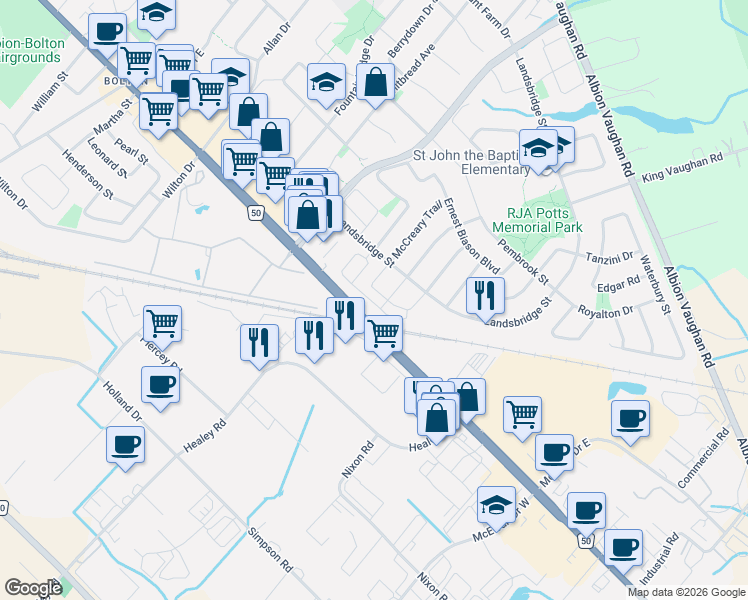 map of restaurants, bars, coffee shops, grocery stores, and more near 11 Lambert Lane in Caledon