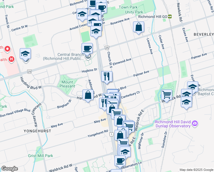 map of restaurants, bars, coffee shops, grocery stores, and more near 9839 Yonge Street in Richmond Hill