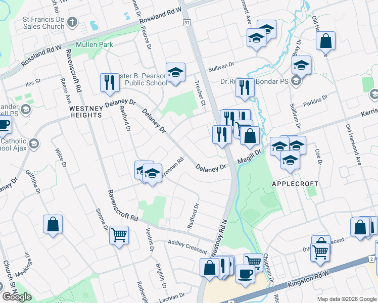 map of restaurants, bars, coffee shops, grocery stores, and more near 61 Delaney Drive in Ajax