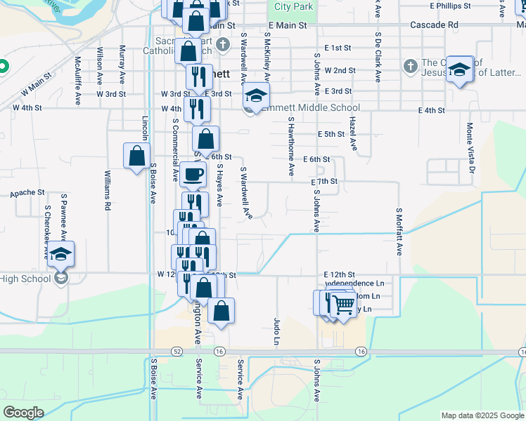 map of restaurants, bars, coffee shops, grocery stores, and more near 903 South McKinley Avenue in Emmett
