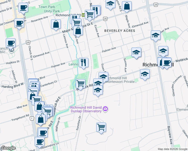 map of restaurants, bars, coffee shops, grocery stores, and more near 26 Marchwood Crescent in Richmond Hill