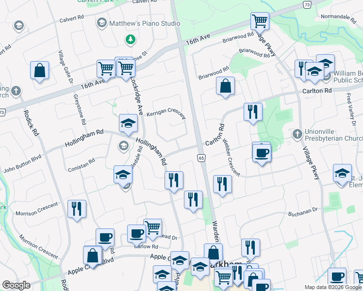 map of restaurants, bars, coffee shops, grocery stores, and more near 22 Baycliffe Road in Markham