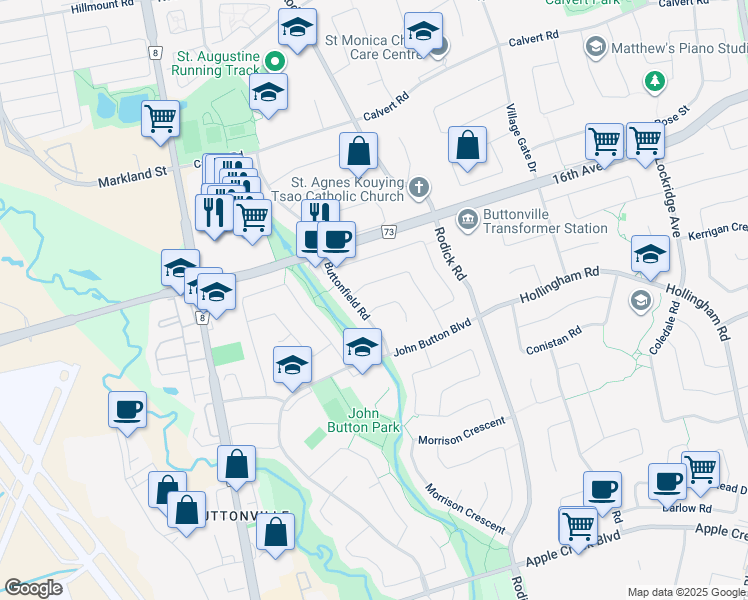 map of restaurants, bars, coffee shops, grocery stores, and more near 8 Muster Court in Markham