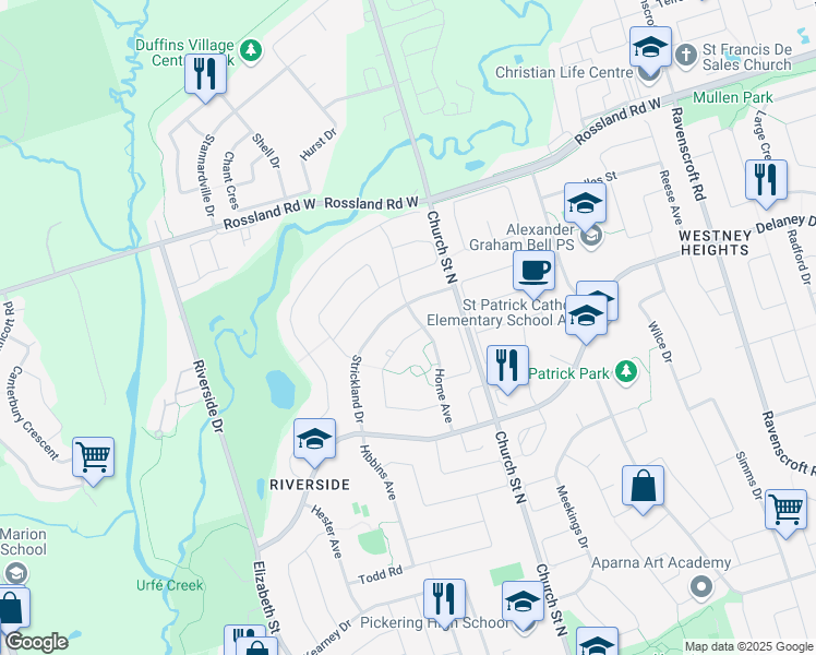 map of restaurants, bars, coffee shops, grocery stores, and more near 69 Welsh Street in Ajax