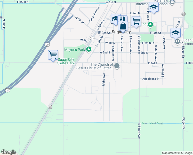 map of restaurants, bars, coffee shops, grocery stores, and more near 225 West 3rd South in Sugar City