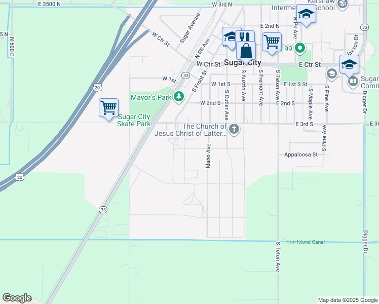 map of restaurants, bars, coffee shops, grocery stores, and more near 225 West 3rd South in Sugar City