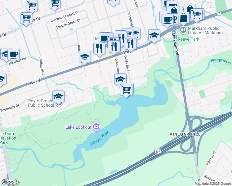 map of restaurants, bars, coffee shops, grocery stores, and more near 29 Willowgate Drive in Markham