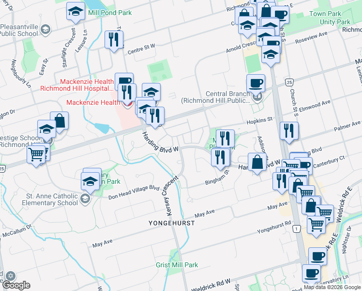 map of restaurants, bars, coffee shops, grocery stores, and more near 190 Harding Boulevard West in Richmond Hill