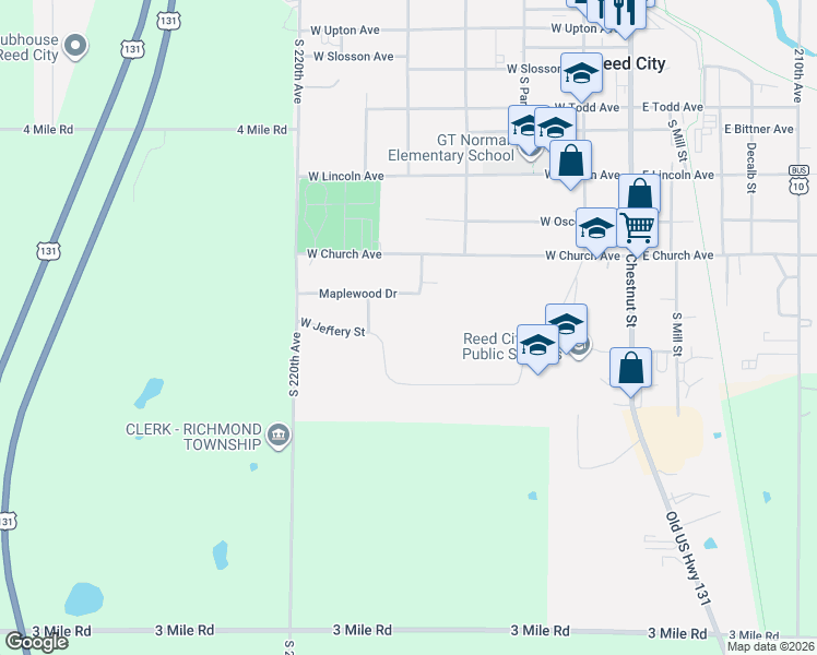 map of restaurants, bars, coffee shops, grocery stores, and more near 491 Maplewood Drive in Reed City