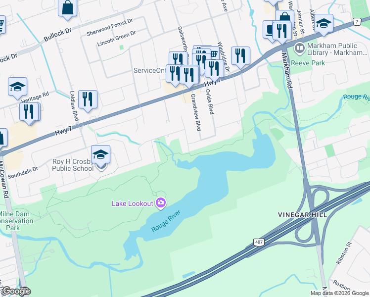 map of restaurants, bars, coffee shops, grocery stores, and more near 28 Willowgate Drive in Markham