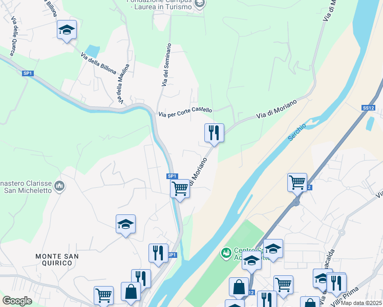 map of restaurants, bars, coffee shops, grocery stores, and more near 285/C Via di Moriano in Lucca