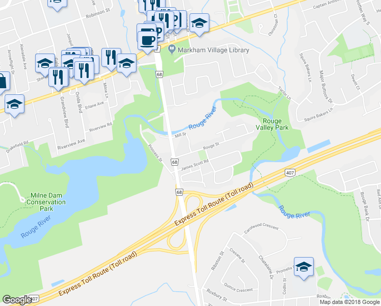 map of restaurants, bars, coffee shops, grocery stores, and more near 15 Rouge Street in Markham