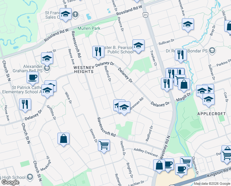 map of restaurants, bars, coffee shops, grocery stores, and more near 87 Radford Drive in Ajax