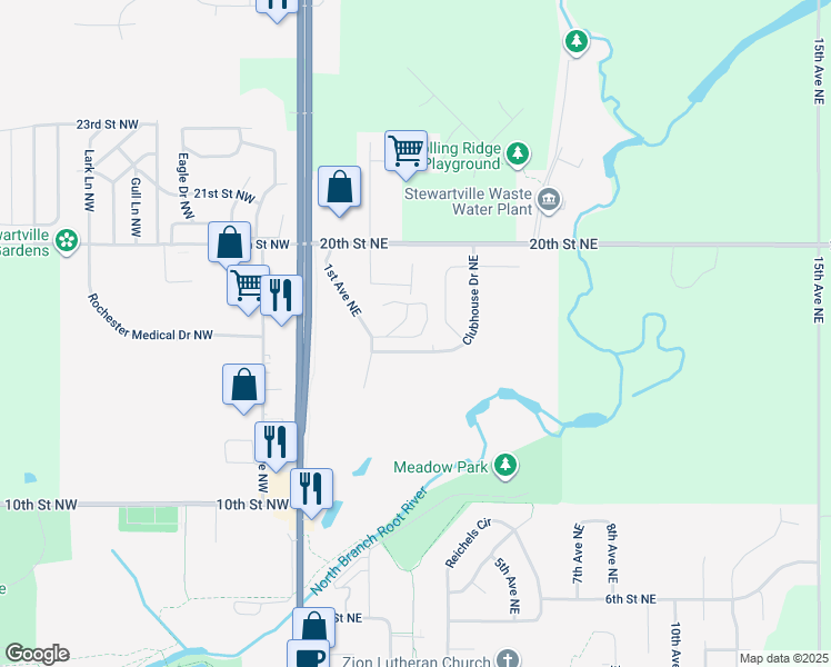 map of restaurants, bars, coffee shops, grocery stores, and more near 501 Birch Street Northeast in Stewartville