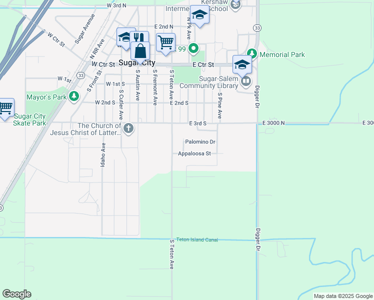 map of restaurants, bars, coffee shops, grocery stores, and more near 443 Palomino Drive in Sugar City