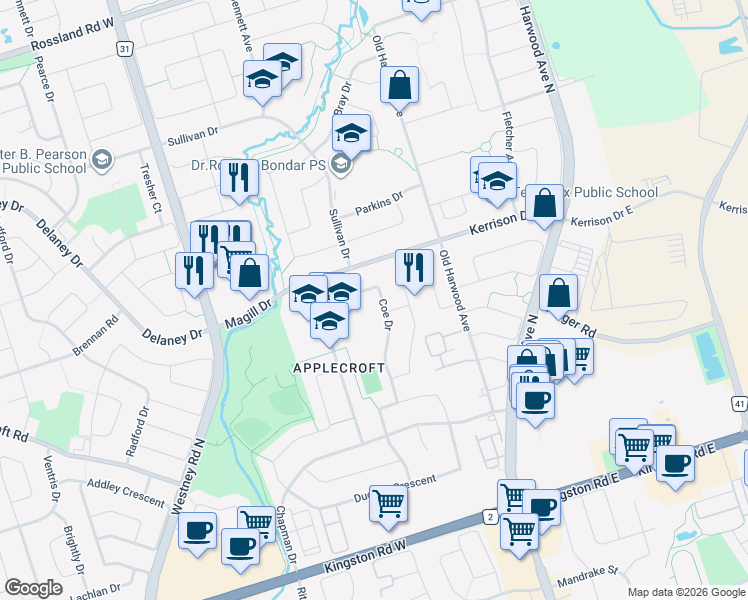 map of restaurants, bars, coffee shops, grocery stores, and more near 30 Coe Drive in Ajax