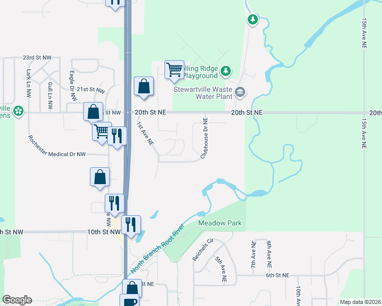 map of restaurants, bars, coffee shops, grocery stores, and more near 1801 Daniel Lane Northeast in Stewartville