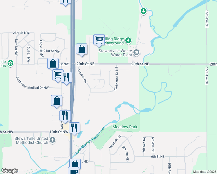 map of restaurants, bars, coffee shops, grocery stores, and more near 1801 Daniel Lane Northeast in Stewartville