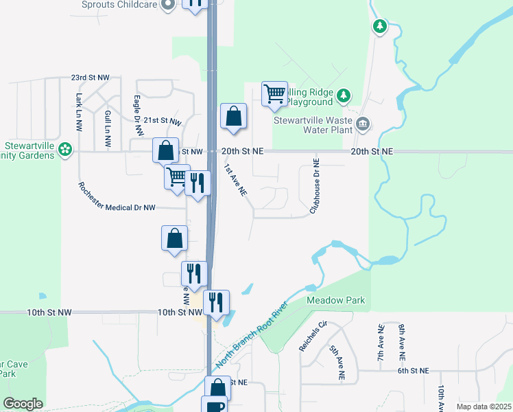 map of restaurants, bars, coffee shops, grocery stores, and more near 201 Birch Street Northeast in Stewartville
