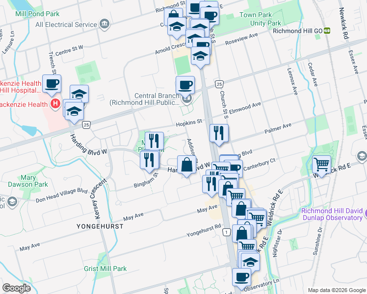 map of restaurants, bars, coffee shops, grocery stores, and more near 20 Harding Boulevard West in Richmond Hill