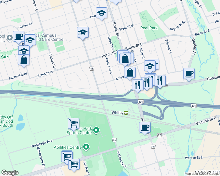 map of restaurants, bars, coffee shops, grocery stores, and more near 1119 King Street in Whitby