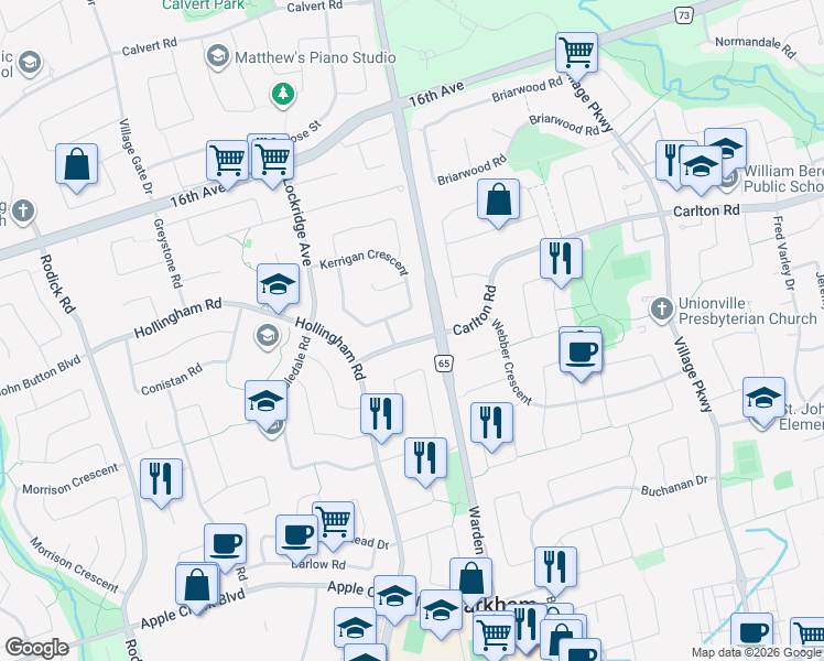 map of restaurants, bars, coffee shops, grocery stores, and more near 26 Baycliffe Road in Markham