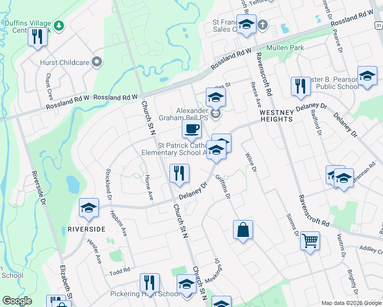 map of restaurants, bars, coffee shops, grocery stores, and more near 5 Farmers Avenue in Ajax