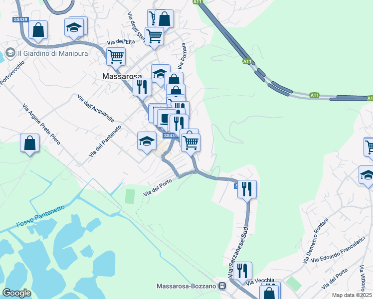 map of restaurants, bars, coffee shops, grocery stores, and more near 635 Via Luigi Spada Cenami in Massarosa