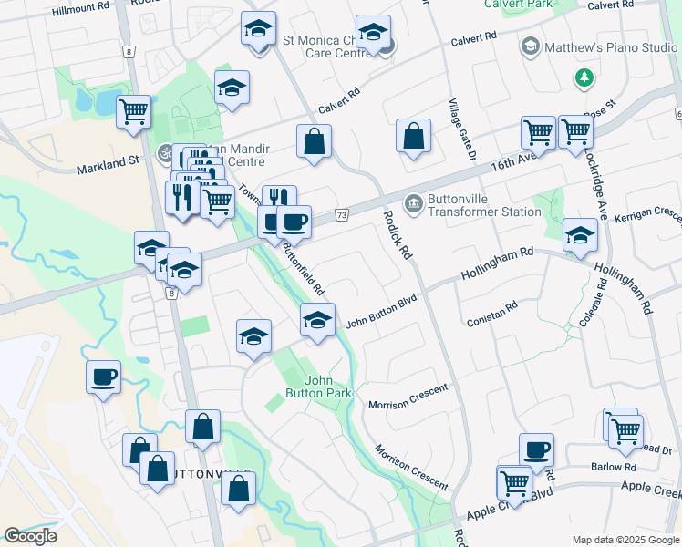 map of restaurants, bars, coffee shops, grocery stores, and more near 16 Muster Court in Markham