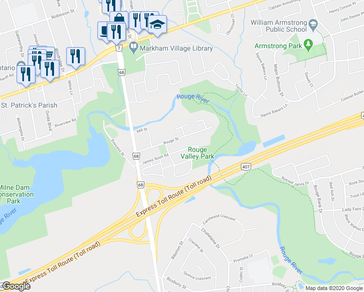 map of restaurants, bars, coffee shops, grocery stores, and more near 82 James Scott Road in Markham