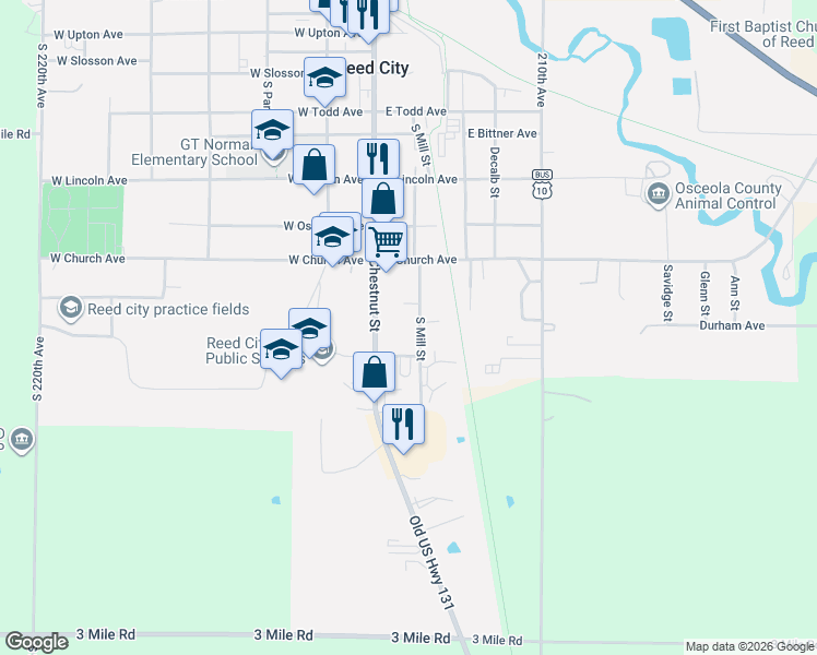 map of restaurants, bars, coffee shops, grocery stores, and more near 758 South Chestnut Street in Reed City