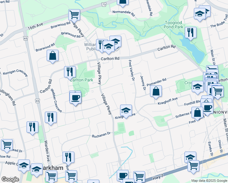 map of restaurants, bars, coffee shops, grocery stores, and more near 51 Addington Square in Markham
