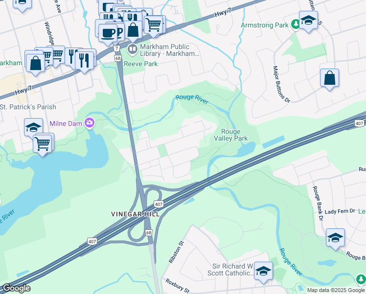 map of restaurants, bars, coffee shops, grocery stores, and more near 86 James Scott Road in Markham
