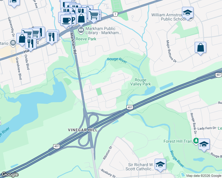 map of restaurants, bars, coffee shops, grocery stores, and more near 84 James Scott Road in Markham
