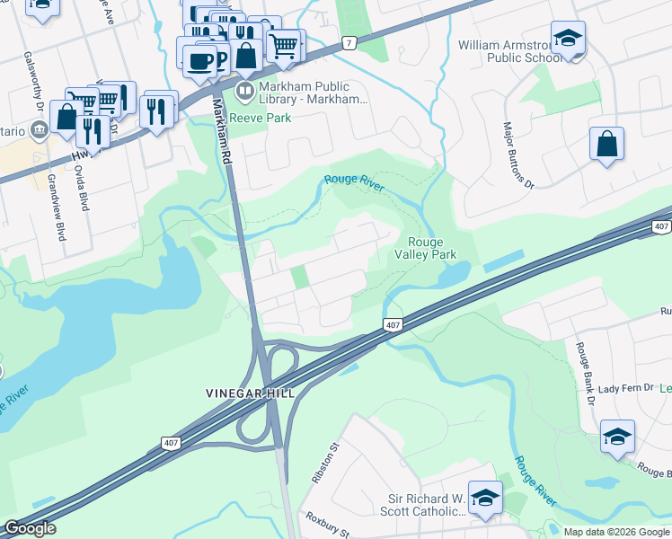 map of restaurants, bars, coffee shops, grocery stores, and more near 84 James Scott Road in Markham