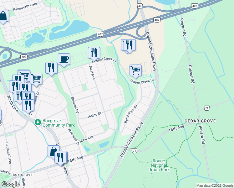 map of restaurants, bars, coffee shops, grocery stores, and more near 28 Malborough Road in Markham