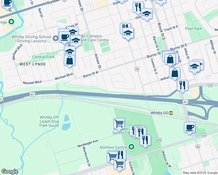 map of restaurants, bars, coffee shops, grocery stores, and more near in Whitby