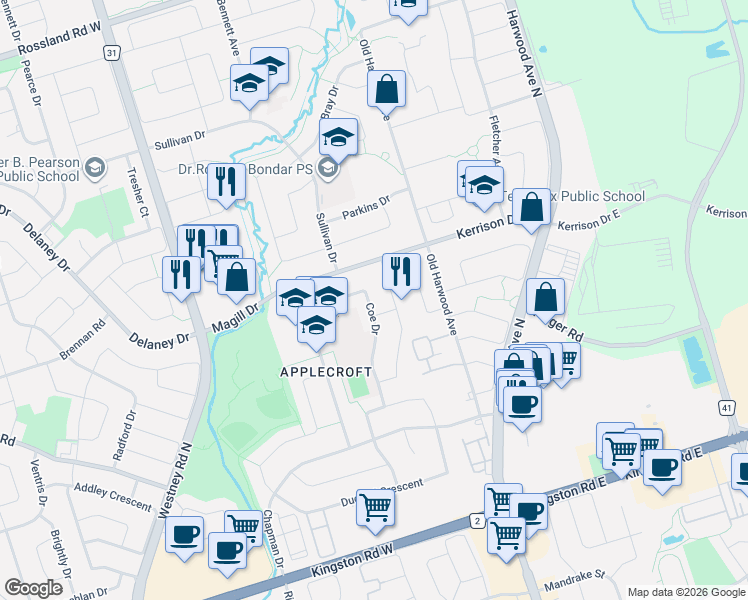 map of restaurants, bars, coffee shops, grocery stores, and more near 32 Coe Drive in Ajax