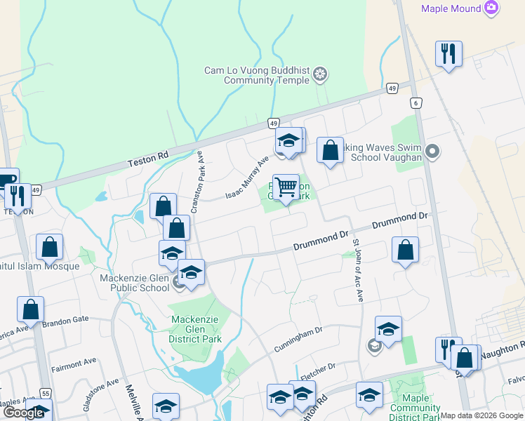 map of restaurants, bars, coffee shops, grocery stores, and more near 107 Princeton Gate in Vaughan