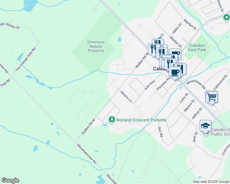 map of restaurants, bars, coffee shops, grocery stores, and more near 100 Walker Road West in Regional Municipality of Peel