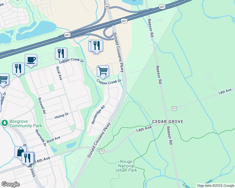 map of restaurants, bars, coffee shops, grocery stores, and more near Haskett Drive in Markham