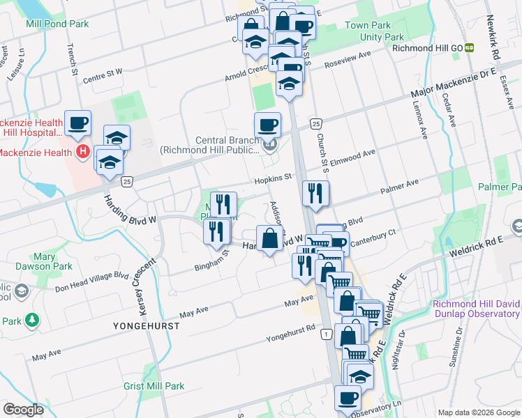 map of restaurants, bars, coffee shops, grocery stores, and more near in Richmond Hill