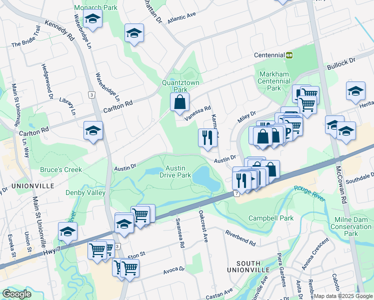 map of restaurants, bars, coffee shops, grocery stores, and more near 150 Austin Drive in Markham