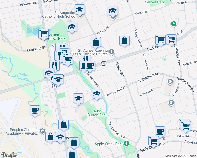map of restaurants, bars, coffee shops, grocery stores, and more near 68 Militia Trail in Markham