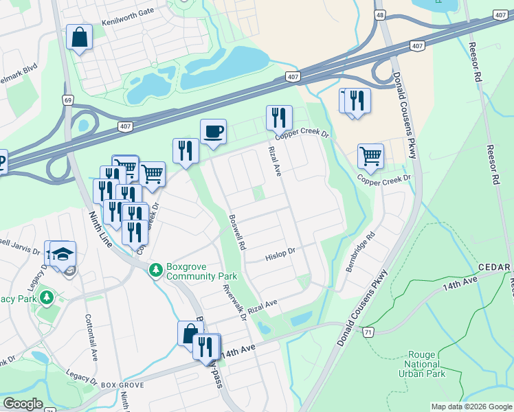 map of restaurants, bars, coffee shops, grocery stores, and more near 140 Oakborough Drive in Markham