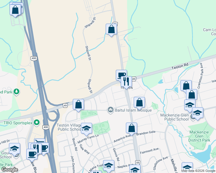 map of restaurants, bars, coffee shops, grocery stores, and more near Teston Road in Vaughan