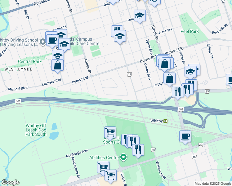 map of restaurants, bars, coffee shops, grocery stores, and more near 1013 McCullough Drive in Whitby